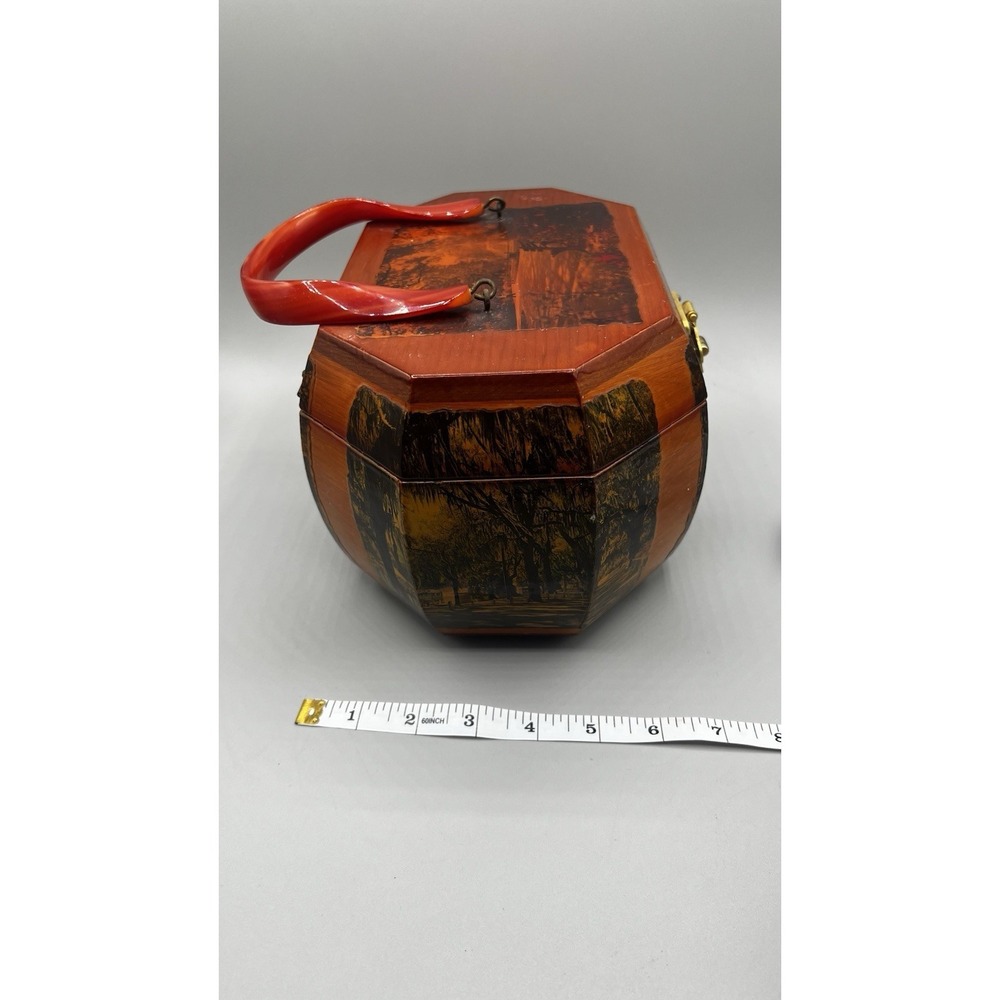 Vtg Wooden Octagon Purse Decoupage Forsyth Park Savannah Lacquered Lucite Handle - Picture 8 of 15